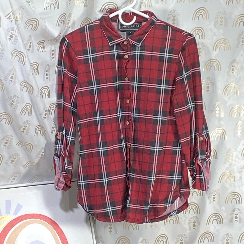 Polly & Esther Classic Red Plaid Button-Down Shirt
